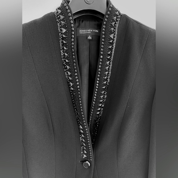 Jones New York long black tuxedo style blazer jacket shiny beaded V neck collar - Picture 7 of 15